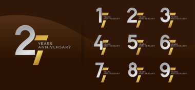 Set of Anniversary logotype silver and golden color with brown background for celebration clipart