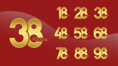 Kutlama için kırmızı arkaplan ile yıl dönümü logoti altın rengi seti