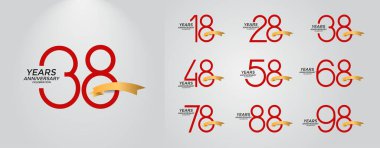 set of anniversary logotype red color with golden ribbon on white background for celebration clipart