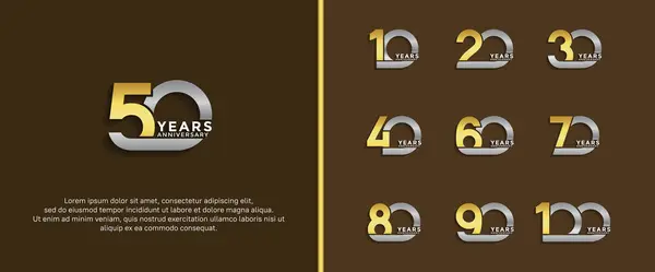 Stock vector set of anniversary logotype gold and silver color on dark brown background for celebration moment