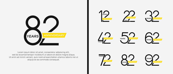 Набор юбилейный логотип черный цвет и желтая лента на белом фоне для празднования момента