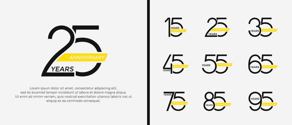 Набор юбилейный логотип черный цвет и желтая лента на белом фоне для празднования момента