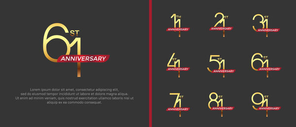 набор юбилейный логотип золотой цвет и красная лента на черном фоне для празднования момента