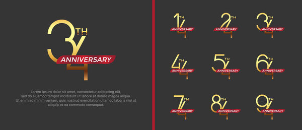 набор юбилейный логотип золотой цвет и красная лента на черном фоне для празднования момента