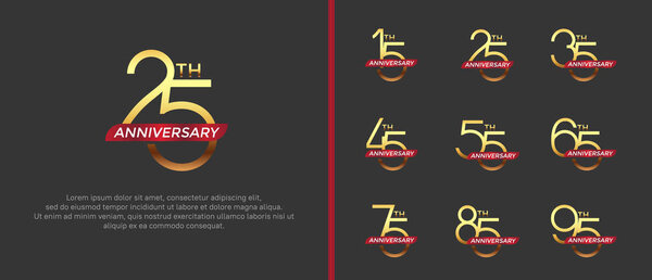 набор юбилейный логотип золотой цвет и красная лента на черном фоне для празднования момента