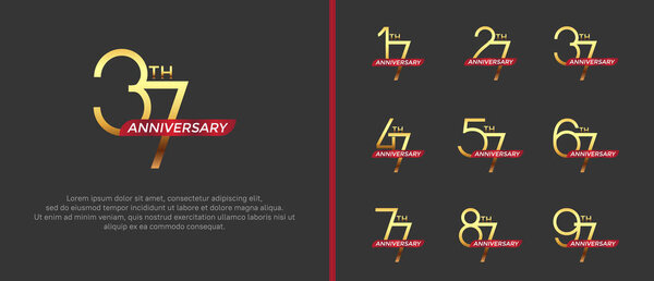 набор юбилейный логотип золотой цвет и красная лента на черном фоне для празднования момента