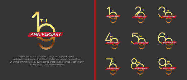набор юбилейный логотип золотой цвет и красная лента на черном фоне для празднования момента