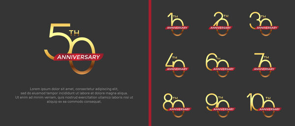 набор юбилейный логотип золотой цвет и красная лента на черном фоне для празднования момента