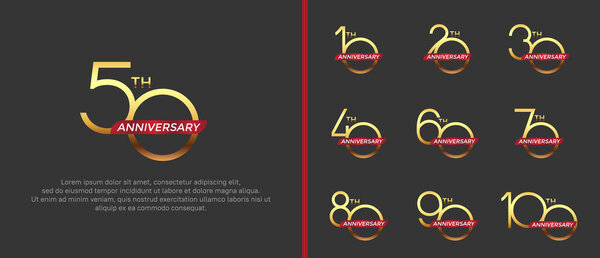 набор юбилейный логотип золотой цвет и красная лента на черном фоне для празднования момента