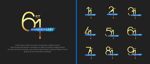 набор юбилейный логотип золотой цвет и голубая лента на черном фоне для празднования момента