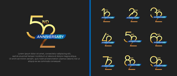 набор юбилейный логотип золотой цвет и голубая лента на черном фоне для празднования момента