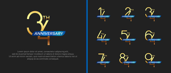 набор юбилейный логотип золотой цвет и голубая лента на черном фоне для празднования момента