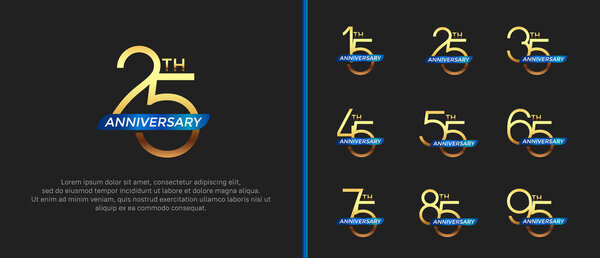набор юбилейный логотип золотой цвет и голубая лента на черном фоне для празднования момента