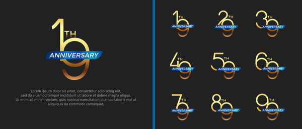 набор юбилейный логотип золотой цвет и голубая лента на черном фоне для празднования момента
