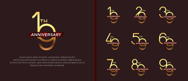 набор юбилейный логотип золотой цвет и красная лента на коричневом фоне для празднования момента
