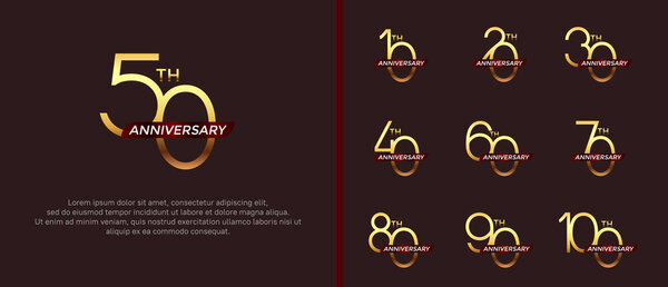 набор юбилейный логотип золотой цвет и красная лента на коричневом фоне для празднования момента
