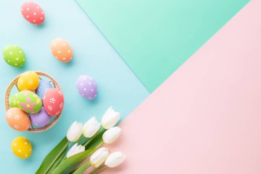 Easter Day celebrate time with easter eggs on pastel background for top view