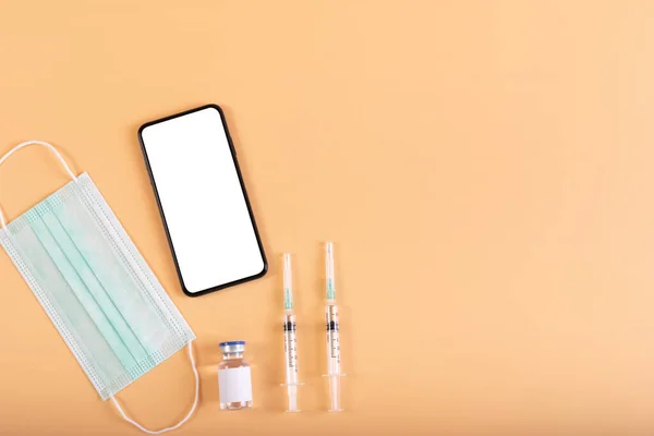 Smartphone Noir Avec Écran Blanc Masque Pour Vaccin Covide Flacon — Photo