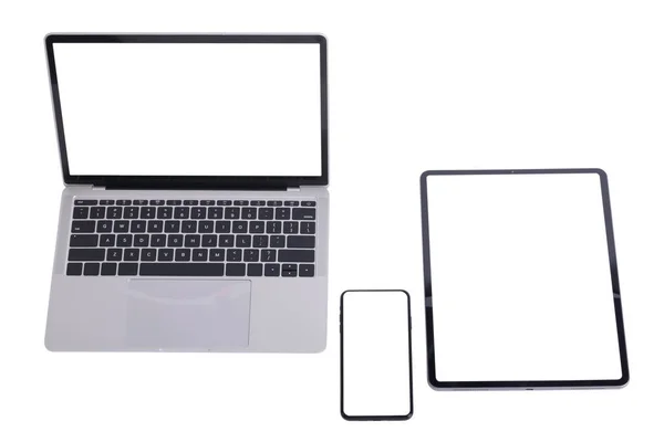 Tablet Mit Weißem Bildschirm Smartphone Und Laptop Isolieren Sich Auf — Stockfoto
