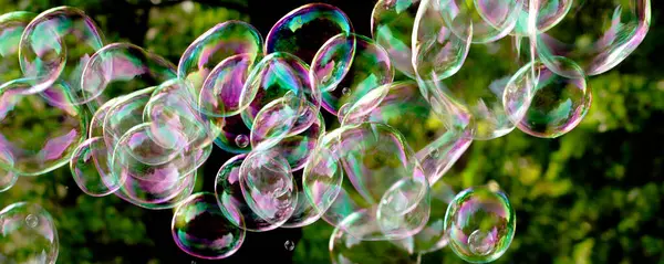 Güneş ve yeşilliğin arka planında yakın plan sabun köpükleri, soyut arka plan, pozitif ruh hali, tatil, dikkatsizlik, afiş biçimi