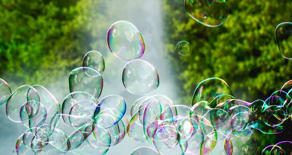 Güneş ve yeşilliğin arka planında yakın plan sabun köpükleri, soyut arka plan, pozitif ruh hali, tatil, dikkatsizlik
