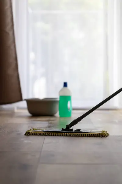 Temizlik malzemesi şişesi ve paspas, yer temizleme ve ev ödevi konsepti