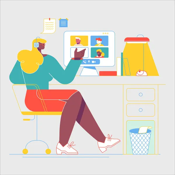 身穿黄色毛衣和蓝色T恤的年轻女子坐在扶手椅上 手持笔记本电脑喝茶 平坦的风格 矢量说明 — 图库矢量图片