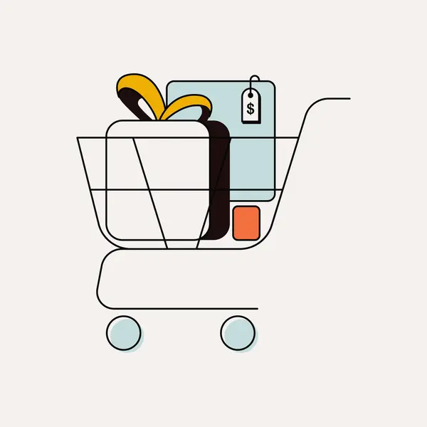 购物车和笔记本电脑与礼品盒橙色背景 五彩斑斓的设计 矢量说明 — 图库矢量图片
