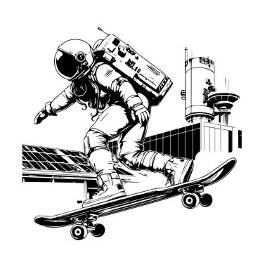 Roketle kaykay süren astronot, el çizimi illüstrasyon, vektör sanatı