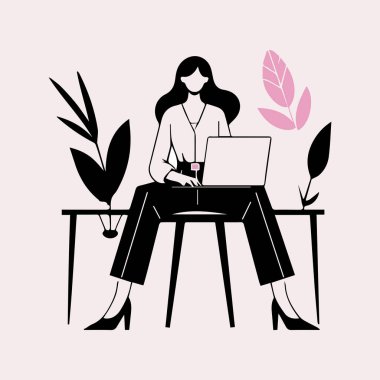 Masada oturan ve evde çalışan genç bir kadının vektör çizimi. Dizüstü bilgisayarda çalışan serbest çalışan..