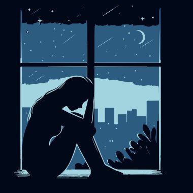 Akşamları üzgün ve yalnız bir kadın silueti.
