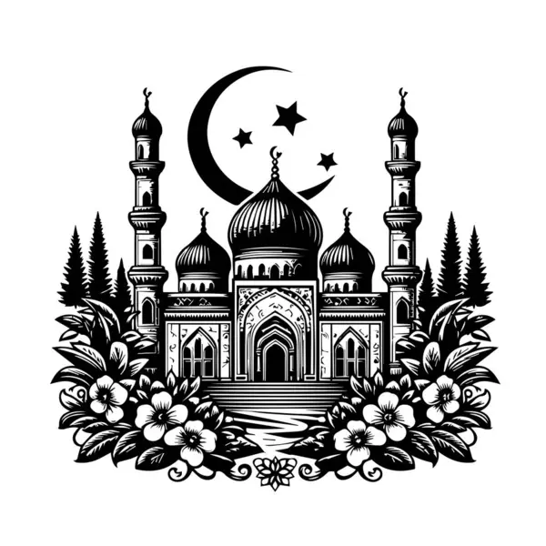 Mesquita Com Lua Estrelas Ilustração Vetorial —  Vetores de Stock