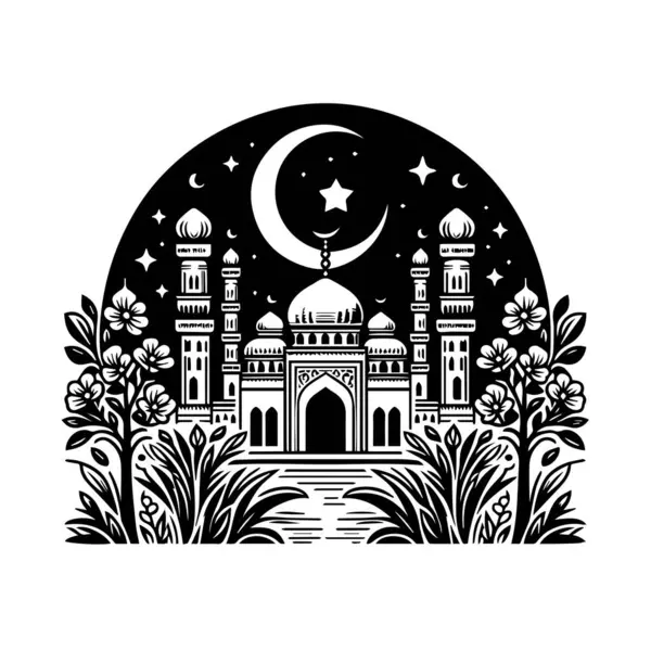Silhouette Mosquée Avec Étoile Croissant Lune — Image vectorielle
