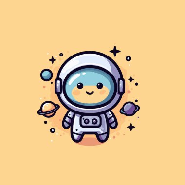 Karikatür suratlı sevimli kawaii astronot çizgi film karakteri. Çizgi film karakterinin vektör çizimi, düz tasarım, çıkartma, pankart, poster