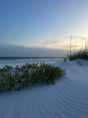 Florida, Destin 'de günbatımının yumuşak arka planına sahip kumsal manzarası 