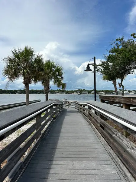 Fort Walton Beach, Florida 'daki Ross Marler Parkı' nda palmiye ağaçları ve körfez suyu manzaralı halka açık bir yürüyüş. 