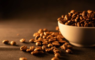 Beyaz bir fincanın yanında taze kavrulmuş kahve çekirdekleri.