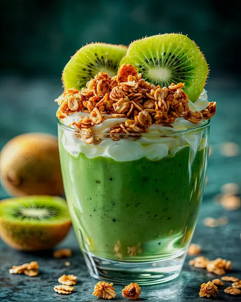 Granola ve cam kremalı Kiwi Smoothie 'yi tazeliyorum.