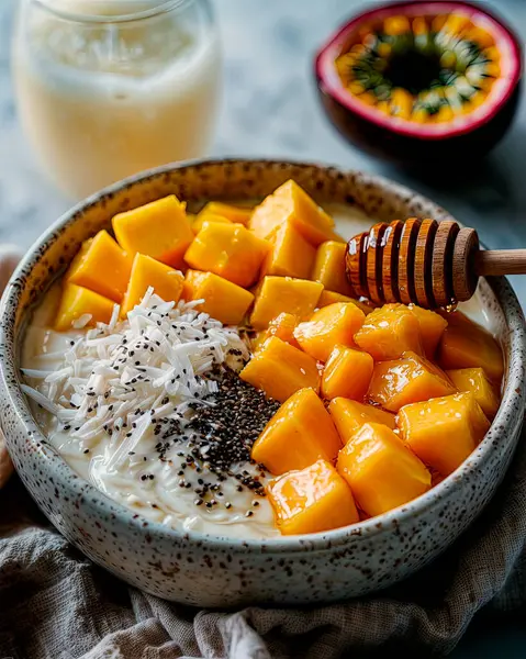 Hindistancevizi, Chia tohumları ve Passion Fruit ile Sağlıklı Mango Kahvaltı Kasesi