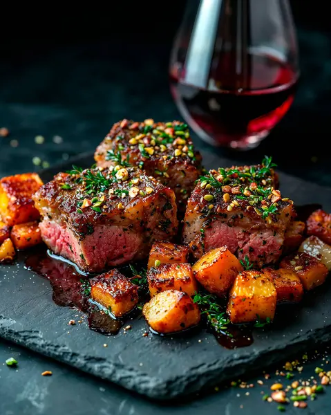 Kızarmış patates ve kırmızı şaraplı gurme Angus bifteği.