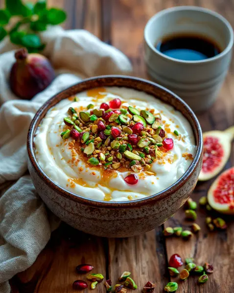 Fıstıklı yoğurt kasesi, nar ve bal.