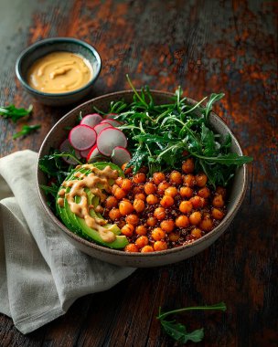 Besleyici bir kasede baharatlı nohut, taze avokado dilimleri, kıtır kıtır turplar ve ahşap bir yüzeye serpiştirilmiş kremalı fıstık sosu serpiştirilmiş karışık yeşiller yer almaktadır..