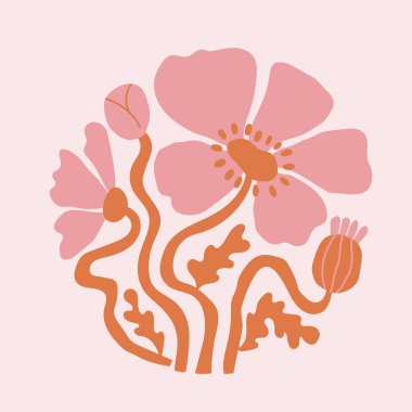 canlı ve soyut afişte papatya çiçekleri moda, uçuk ve acayip bir tarzda yer alıyor.