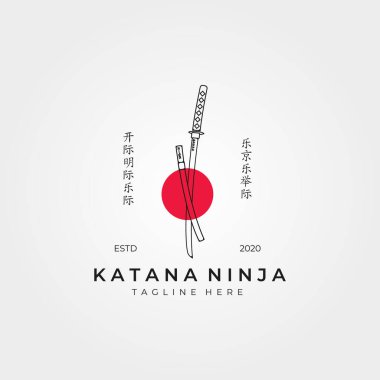 Katana Ninja çizgisi sanat logosu vektör vintage illüstrasyon tasarımı, kırmızı nokta japon amblemi