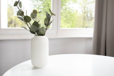 Beyaz masa üzerinde yapay okaliptüs ve arkasında pencere olan beyaz vazonun arka planı