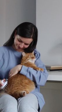 Kız evdeki sevimli kızıl kediyi okşayıp tarıyor.