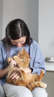 Evdeki sevimli kızıl kediyi okşayan kız.