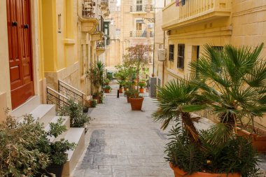 Birgu 'da birçok saksısı olan eski cadde, Malta