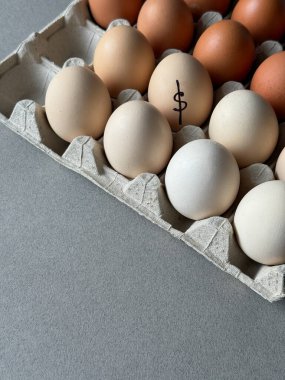 White and brown eggs in paper carton with a dollar sign written clipart