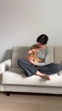 Evdeki kanepede oturan sevimli kızıl kediyi okşayan kız.